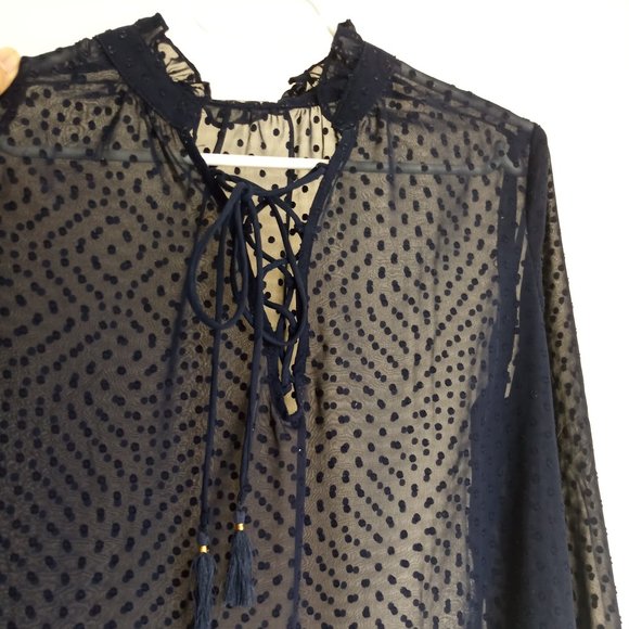 Mango Sheer Swiss Dot Ruffle Tie Blouse, Navy Blue , Size US6 - Picture 5 of 6
